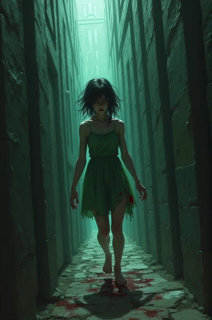 Image of a light-skinned, dark-haired woman lost in a maze wearing a torn, blood-soaked green dress