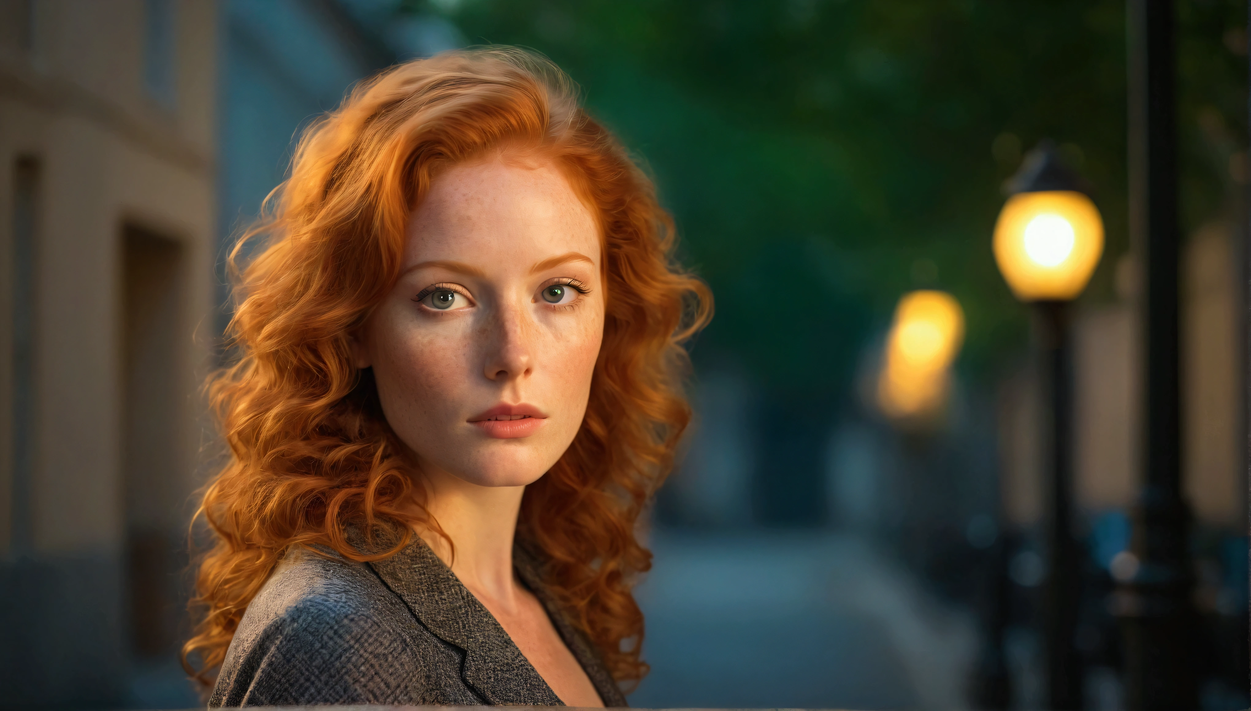 Realistic portrait of a beautiful natural red haired adult woman with a mysterious look with herself as the main subject. She has natural light red hair that is long, curly and voluminous, her skin is pale, her face is round with a few freckles, and her eyes are bright honey-colored, characteristic of a natural red haired woman. She is dressed in a beautiful, sophisticated dress and looks at the camera with a penetrating, mysterious gaze, in a nocturnal outdoor setting that suggests a beautiful square with lampposts, trees, grass and benches. The artificial side lighting is warm, highlighting the woman's face and eyes, creating soft shadows and reinforcing the mysterious tone of the scene. The background is blurred to suggest a dimly lit environment and focus on the main subject, with a bokeh effect of a few points of light suggesting streetlamps. High-resolution professional photography with extreme detail.