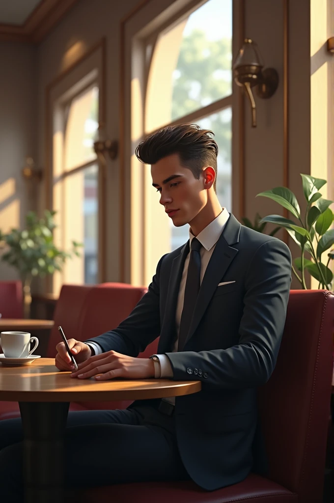 Lawyer, man, quite Young, quite thin, sitting in a cafè, smoking 
