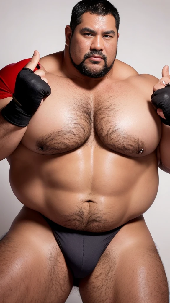black hair, middle-aged man, individual, male, Muscular wrestler, muscular, Stout wrestler, Asian, Japanese, uncle, 55 year old middle-aged man, short hair, short hair, red wrestling boots, full body portrait, shadow, Vision, red briefs, obesity, 45 years old, short beard, middle-aged man, tattoo, fingerless gloves, Wheat skin, shiny skin, dark skin, Show your pectoral muscles, sumo wrestler, bodybuilder, wide temples, Visible abdominal muscles, Smile, Fine hands, solid color background, pure white background, Surrealism, Panorama, 8k, super detail,