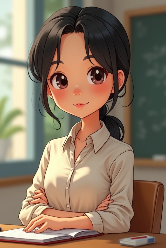 MAKE AN ADULT TEACHER OF AGE WITH LOOSE HAIR WITHOUT FULL BODY APPEARANCE CHINESE CARTOON WITHOUT REALISM




