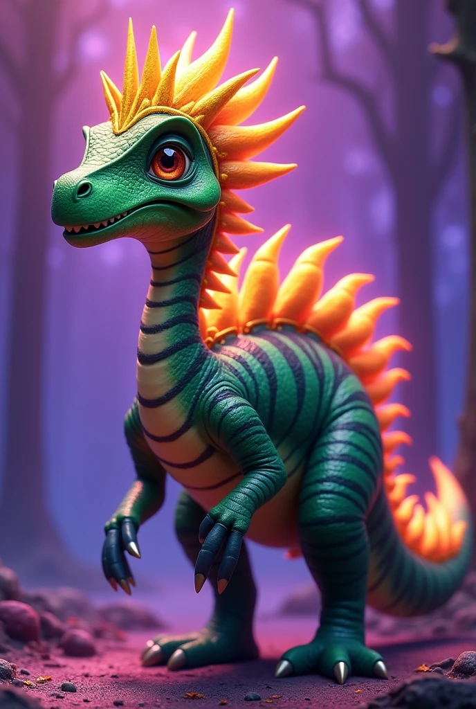 A green and black striped spinosaurus with a super golden crown, and the image is animated, and that the background is also purple