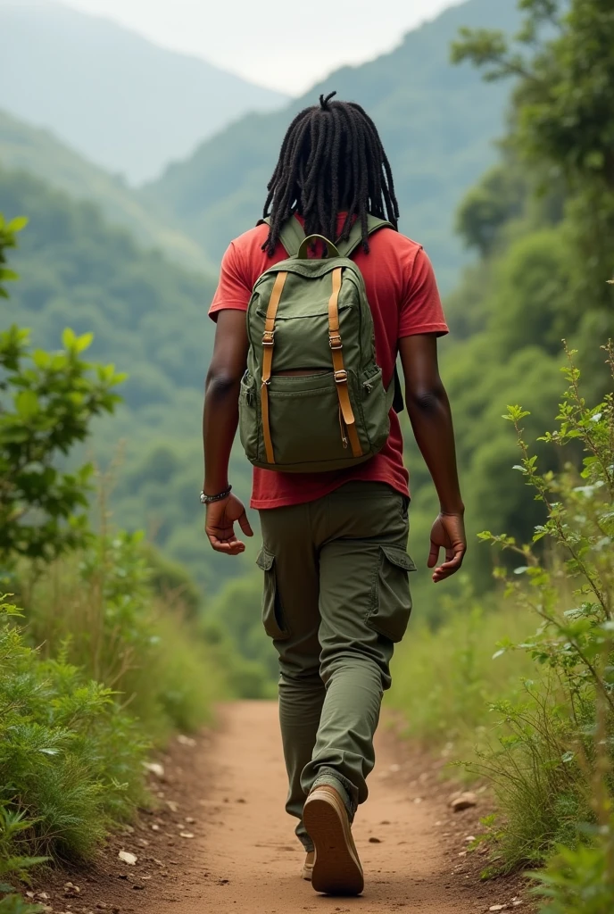 A best guide of tourism ever. A rastafari person backwards to picture, In a trail clothes and backpack, with very long rastafari, light brown skyn.