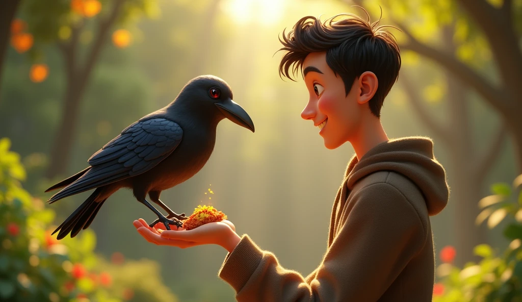 In cinematic 3D cartoon style. Friendship Blossoms: A warm, friendly interaction between the man and the crow. The crow is eating from the man’s hand, and the man is smiling with a sense of joy and contentment.