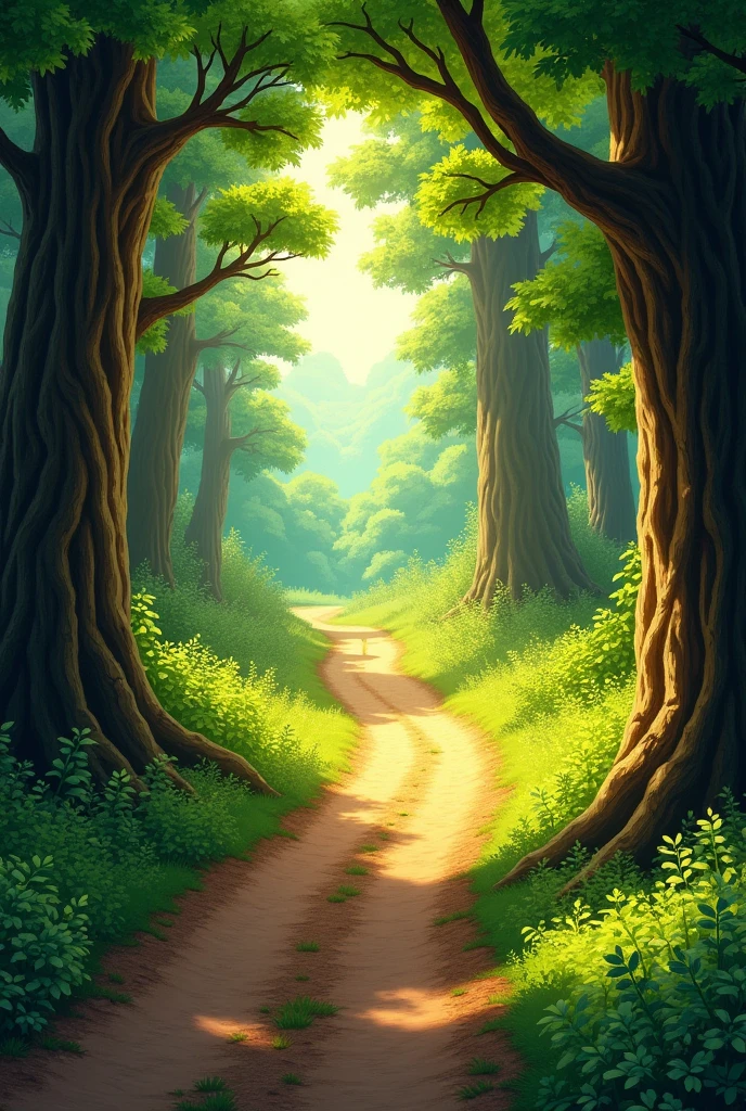 Generate a dirt road coming from the front, well wooded all around, um dia ensolarado