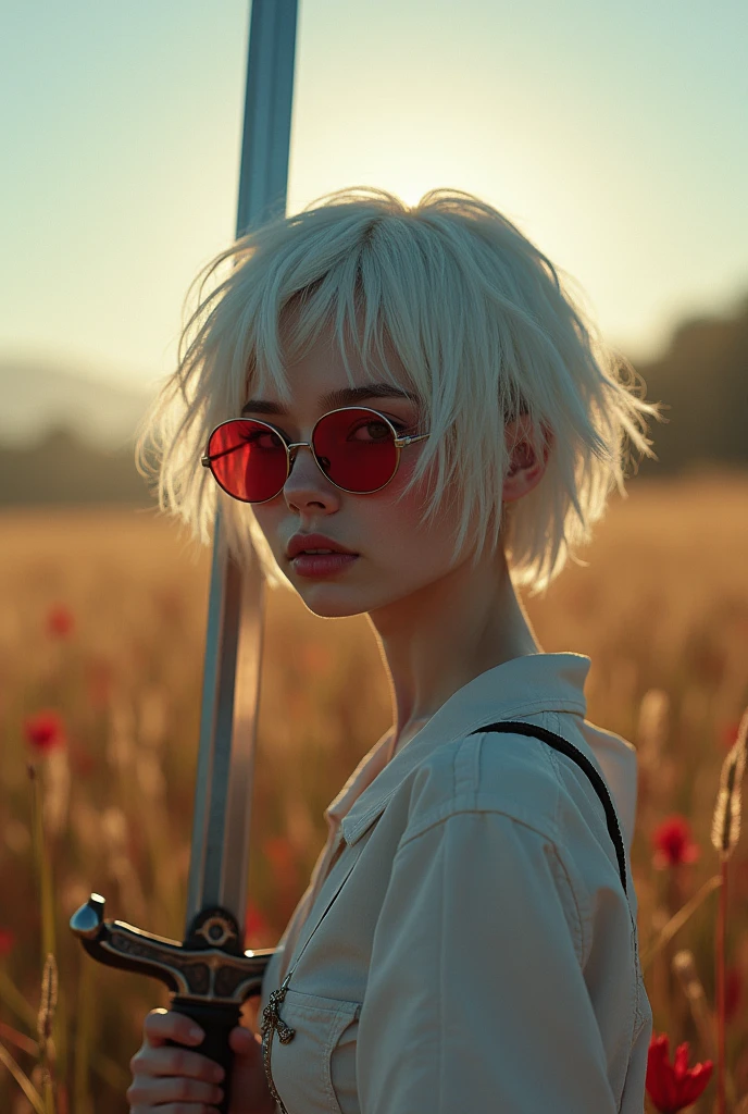 masterpiece , a girl, in a field, ( lite white short hair:1.2), (red eyes:1.2), (Crausader:1.2), (looks at the viewer:1.2) , (8k, best quality 1.2), ultra-detailed, 8k uhd, soft lighting, high quality, film grain, beautiful lighting, cinematic ,perfect body , best illumination, best shadow, sharpness, contrast, red glasses, messy hair, , absurdres high detailed face, steel armour, great sword