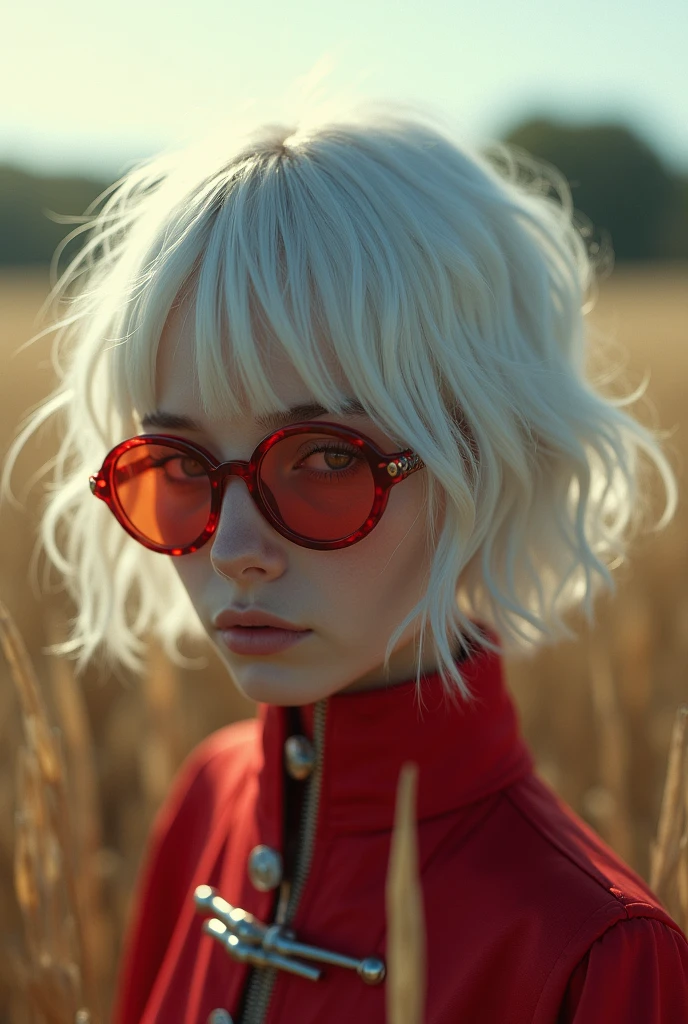 masterpiece , a girl, in a field, ( lite white short hair:1.2), (red eyes:1.2), (Crausader:1.2), (looks at the viewer:1.2) , (8k, best quality 1.2), ultra-detailed, 8k uhd, soft lighting, high quality, film grain, beautiful lighting, cinematic ,perfect body , best illumination, best shadow, sharpness, contrast, red glasses, messy hair, , absurdres high detailed face, steel armour, great sword