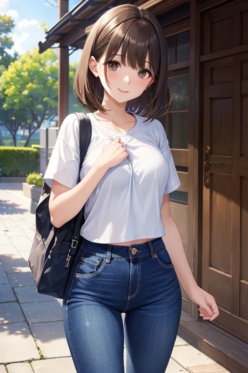 anegasaki nene、Shiny brown hair, short hair, (Beautiful brown eyes、Sparkling eyes, Fine grain)、smile、超detailedな目、非常にdetailedな顔, 非常にdetailedな目,
(masterpiece, Highest quality, High resolution, 超High resolution, Pixel perfect, Depth of written boundary, 4K, RTTX 10.0, High resolution))),
((Highest quality, masterpiece:1.3, 8k)), (detailed), highly detailed face and skin texture, detailed eyes, whole body, Outdoor, (Slender body:1.1), One girl, (alone), (18+ age), White skin, Bright lips, 魅惑的なsmile, , Sporty clothing, Mid-chest, (Jeans pants),