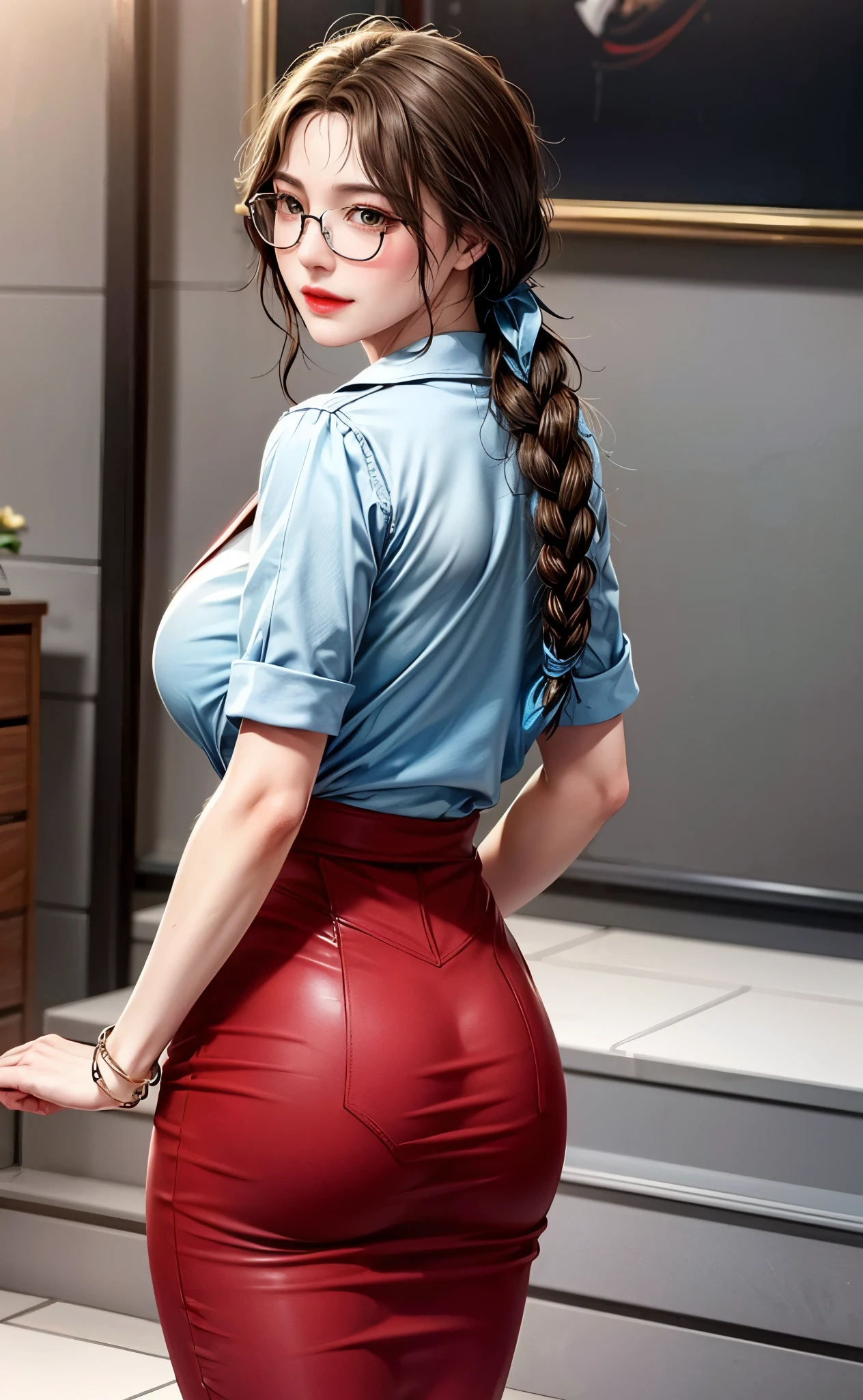 Professional, High level of detail, close up photo (attractive mature 45yo woman:1.3),ray tracing, natural lighting, (blushing:1.1 ), (classy, elegant, dandy)1.2, (blue colour), perfect face, flower  dress with red blazer,  long pencil skirt, (((glasses, covered))), big breast, cleveage, Slim Face,(mature) , Pretty Lady,  smile eyes, see full image, bracelet, (at stairs), view from behind, loose hair