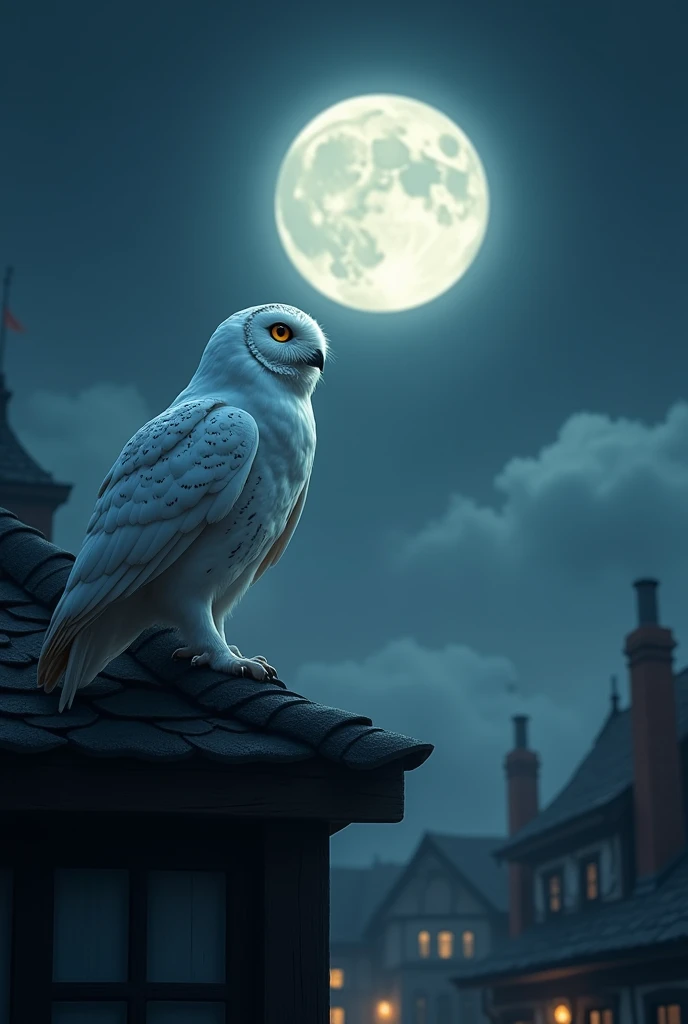 A white owl looking up at the full moon in the town, facing away