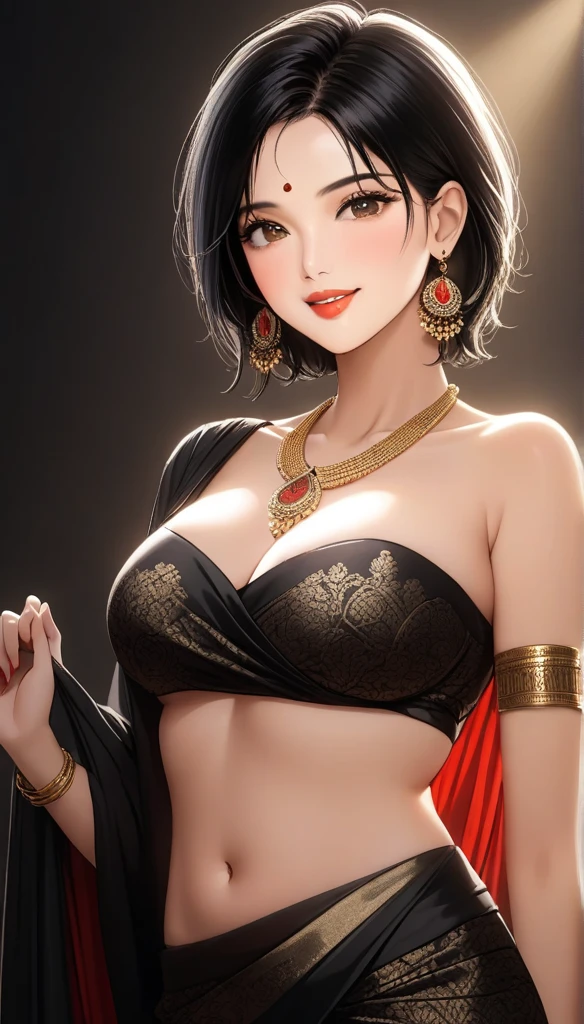 (1woman, mature, messy short black hair,silk black saree saree with intricate ancient patterns, black long jhumka earrings, detailed alluring eyes, smooth detailed lips, beautiful face, smiling, red lipstick, navel, bangles, saggy breasts, photorealistic, 8k, hyperdetailed, vibrant colors, studio lighting, masterpiece, cinematic composition, dramatic lighting, intricate details, highly realistic skin textures, volumetric lighting, beautiful intricate jewelry, warm color palette, natural lighting, elegant pose, beautiful detailed expression, hyper realistic rendering, seamless blending, flawless skin, glowing skin, delicate features, breathtaking realism, striking composition),tall , necklace, bangles ,navel,full body view, long chain necklace