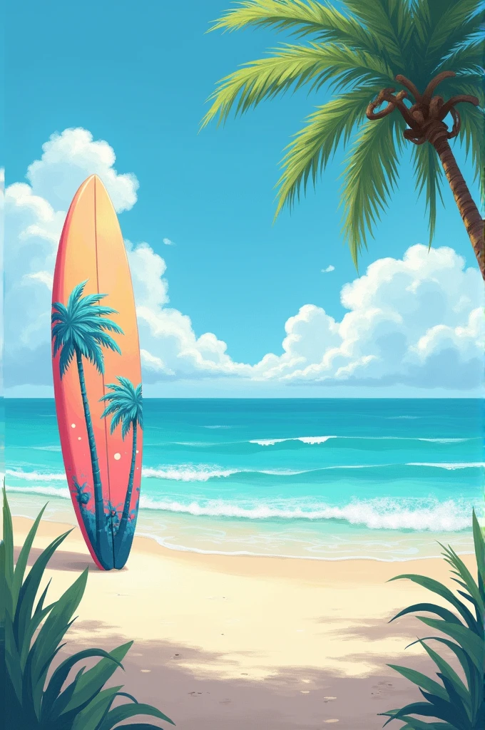 Surf board stand on the beach with pastel colors and some palm trees painted on the board. Painting style.