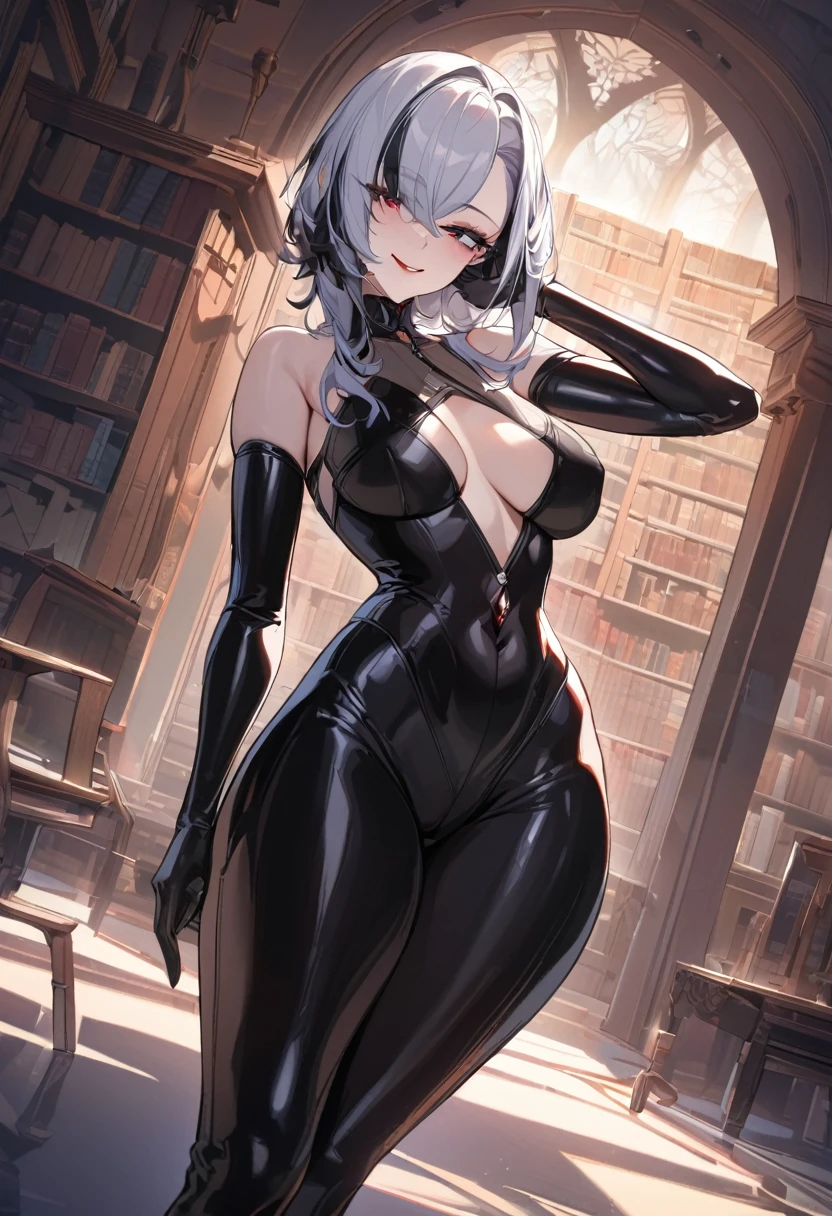 masterpiece, extremely detailed cg unity 8k Wallpaper, incredibly absurdities, Best Quality, High resolution, Wallpaper, 1 girl, smile, Upper part of the body, inside, library, Session, chair, adjusting hair, looking back, surreal, depth of field, reflected light, absurdities, fall, ((masterpiece,Best Quality)), dynamic angle, (beautiful delicate face:1.1), Alone,(1 girl:1.3), absurdities,(masterpiece, Best Quality:1.2), full body shot, Alone, latex suit, feminine focus, 1 girl, slightly thick thighs, Latex elbow gloves, narrow shoulders, Wide hips, eyes with eyelids, looking at the screen, full lips, smile sensual, Red lipstick, left hand on hip, index finger on lower lip, dark ambient, luces outfits, with giant tits
