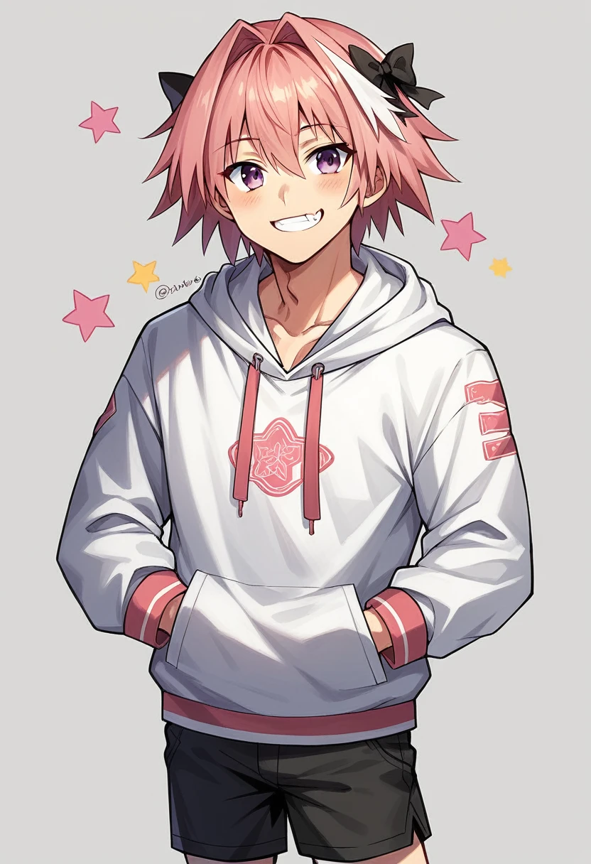 1boy, male_focus, astolfo_(fate), pink_hair, long_hair, purple_eyes, solo, smile, otoko_no_ko, jacket, shorts, sneakers, multicolored_hair, blush, shoes, white_background, looking_at_viewer, twitter_username, hands_in_pockets, hood, hair_ornament, grin, star_(symbol), hair_intakes, hairclip, simple_background, alternate_hairstyle, hoodie