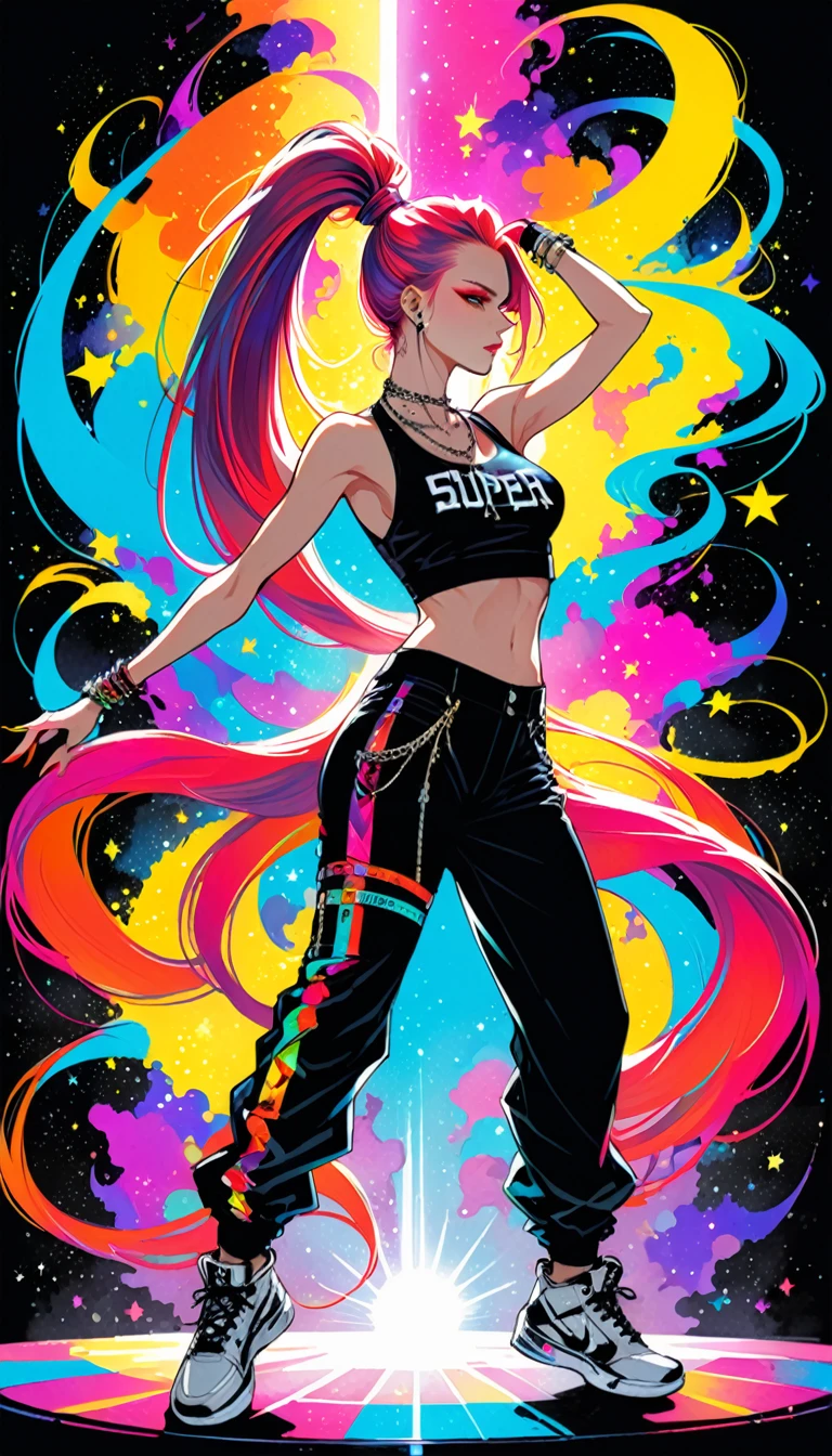 (Harry Clarke style:0.4),Santiago Caruso style,Mike Azevedo style,One girl,Sexy hip hop style clothing,Dynamic pose,Hip hop pose,Super star,High Ponytail,Incredibly long hair,Self-illuminating with vibrant colors,Dominant multi-colored statement