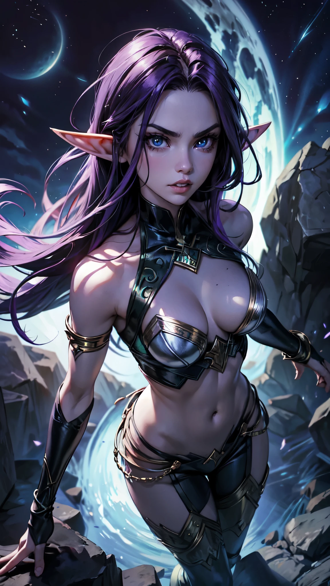 (Masterpiece, highly detailed, highly quality, highly resolutions), body facing viewer, conjoined_dicephalus, two heads, BREAK nightelf, angry, clenched teeth, glowing eyes, blue eyes, Purple Hair, colored skin, mature female, purple midriff, navel, purple spike shoulder pad, platinum trim, green leaves, jewelry, looking at viewer, forest, night, bare shoulders, spring season,detailed eyes, detaield hands, detailed face, elf woman, full body