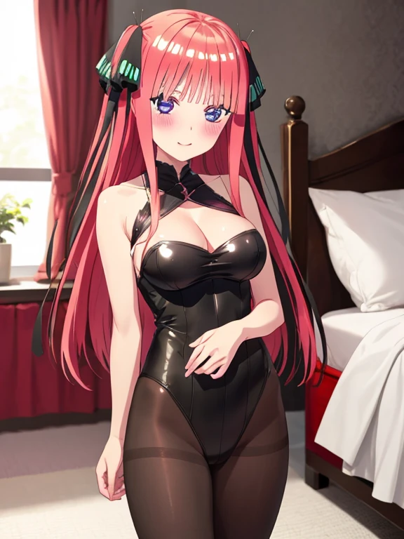 best quality, insanely detailed, nino nakano, breasts, blush, bedroom background, looking at viewer, bodysuit, cheerful eye, pantyhose, bare-shouldered