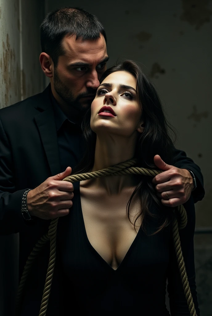 Man tightening the rope around the neck of a beautiful woman, Man putting a rope around a girl's neck, Girl with serious expression, The girl's blank expression, hanging, dark basement, Close-up of a girl's face, Girl in latex suit