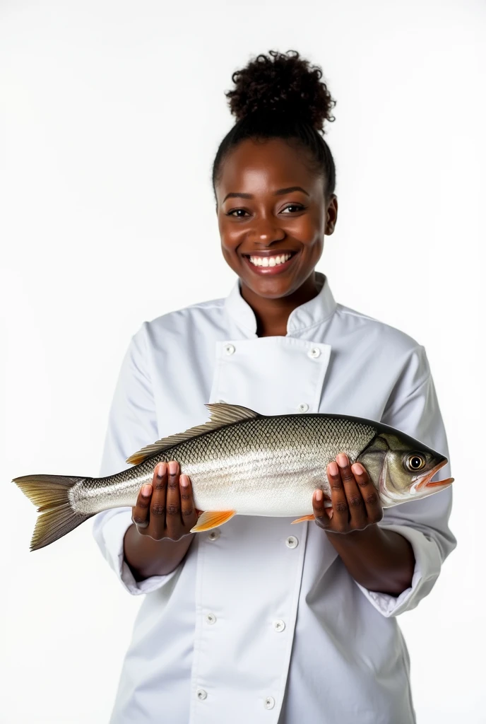 Woman, chef, black skin, smiling, holding fresh live fish, relaxed pose, best quality, detailed white plain background