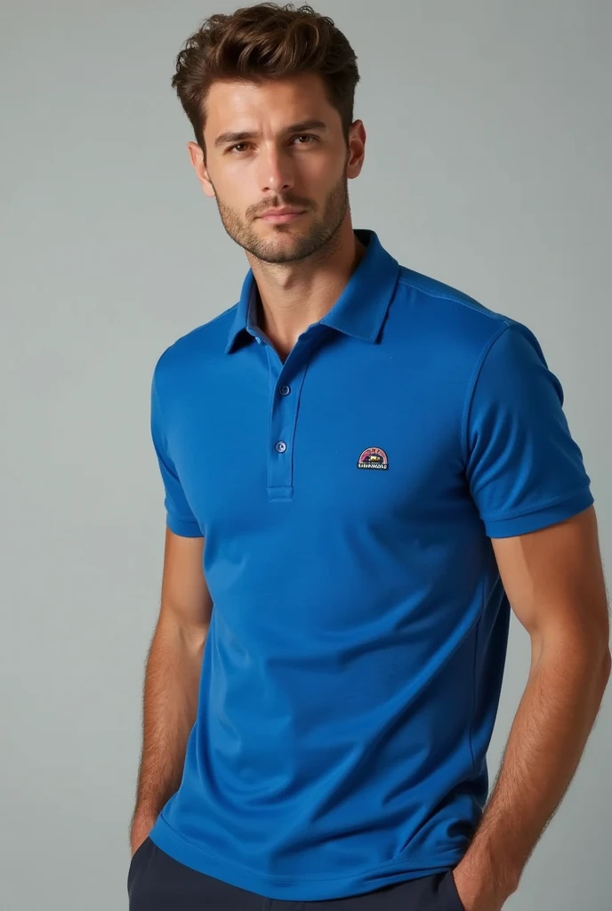 A male wearing a blue cotton piqué polo shirt with a small logo that says MCDRILL on the left chest, the image that looks good, It's for a clothing store.