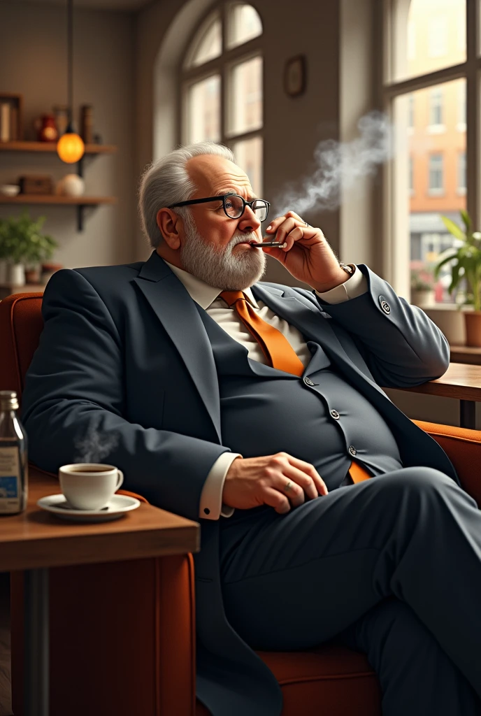 Lawyer, man, quite old, quite fat, sitting in a cafè, smoking