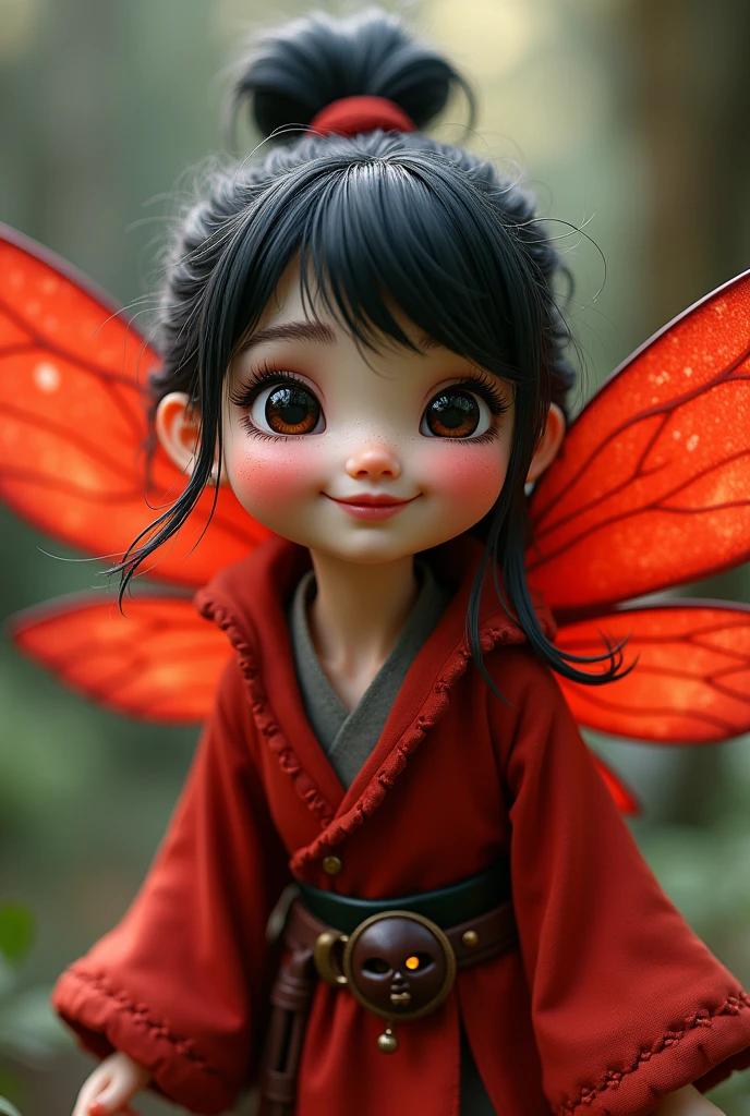 Make an adult fairy,with ponytail hair and black bangs,chubby mouth and dimples,eyes black,lifelike face,and red wings and robes,and with a smile,image ultra realistic 