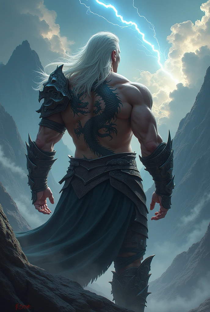 A realistic image of a muscular warrior from behind, armored only from the waist down., on his back a dragon tattoo shines along with a storm of lightning that falls in the background of the image near mountains. The warrior has long white hair