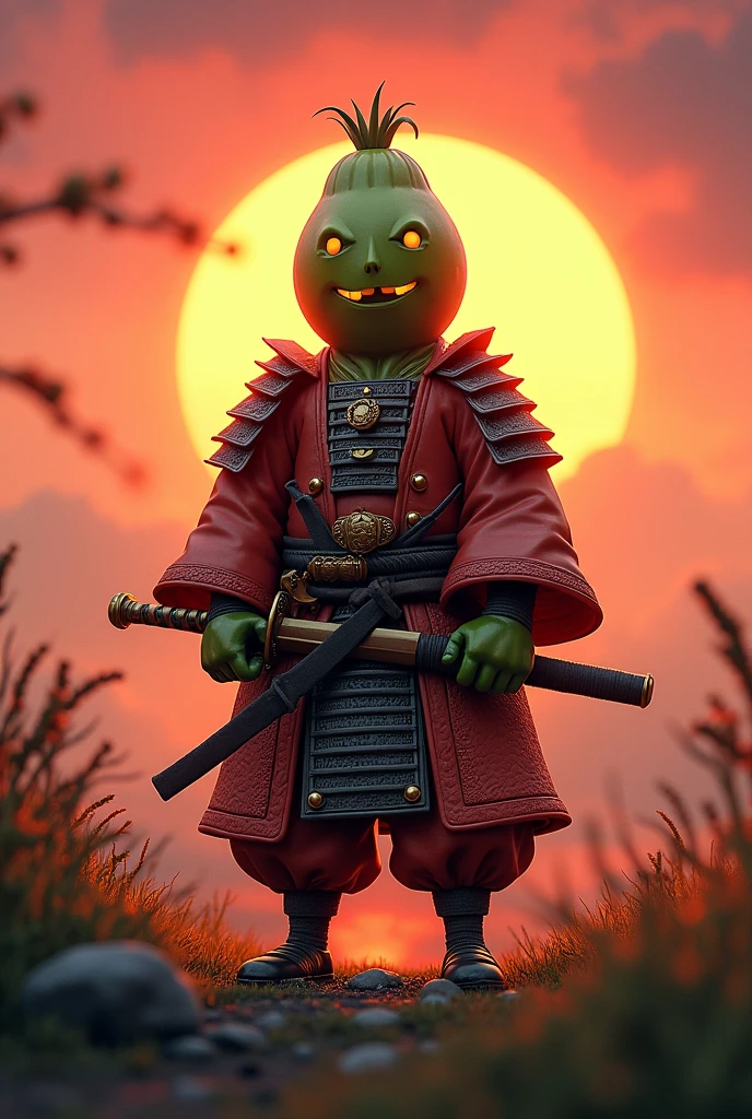 Pickle man, Cara sexy, samurai costume, realist, sunset, musashi.