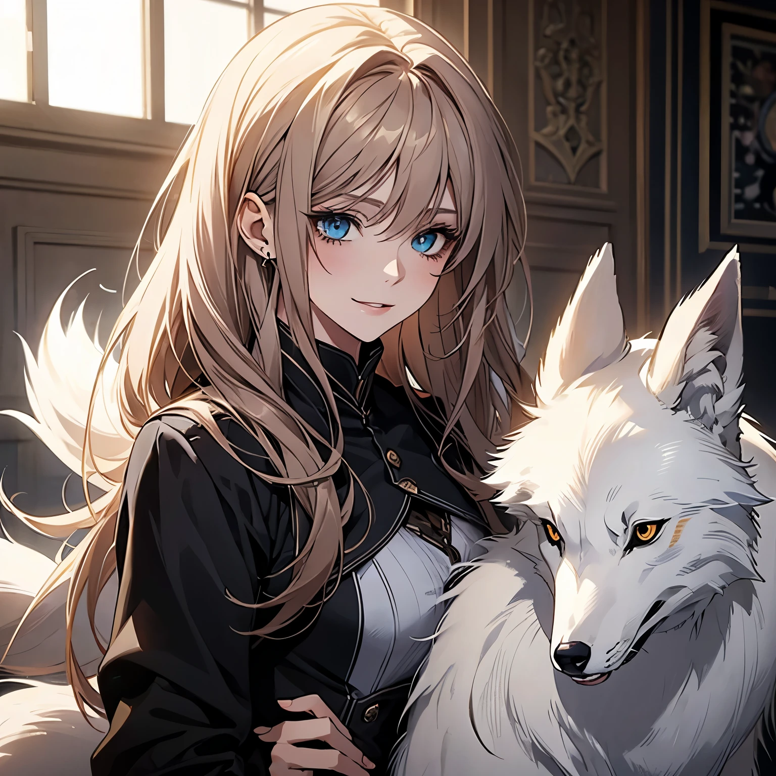 (Highest quality,High resolution,Very detailed),1 girl, Beautiful and elegant light blue eyes, Brown Hair, Cold Smile,Straight long hair tied back, Wearing a black suit, Mature Woman, Age 27,Cruel smile, Calm and Calm, Slim figure, Pale complexion, thin, Calm, secretary,Big White Foxを連れている,Big White Fox,Small breasts