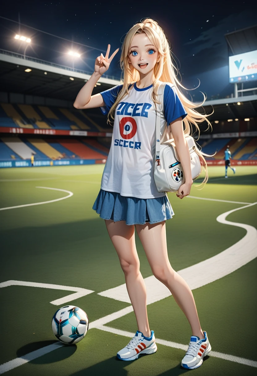 realistic anime illustration of adorable blonde young woman at soccer stadium, (v sign gesture hand), carrying white backpack, night scece, she has a long hair and forehead, she wearing red and blue vertical striped soccer t-shirt, blue denim a-line mini skirt, white sneakers (1girl, solo, full body), (masterpiece, best quality, japanese anime style), (expressive eyes, perfect face)