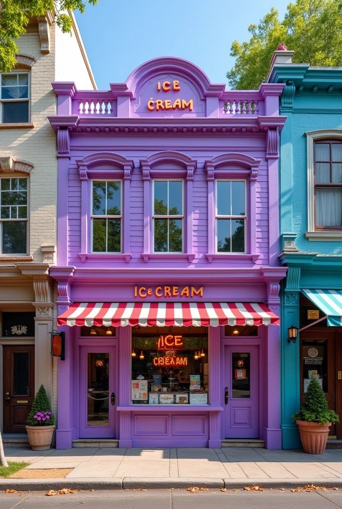 Facade of a purple deck ice cream shop