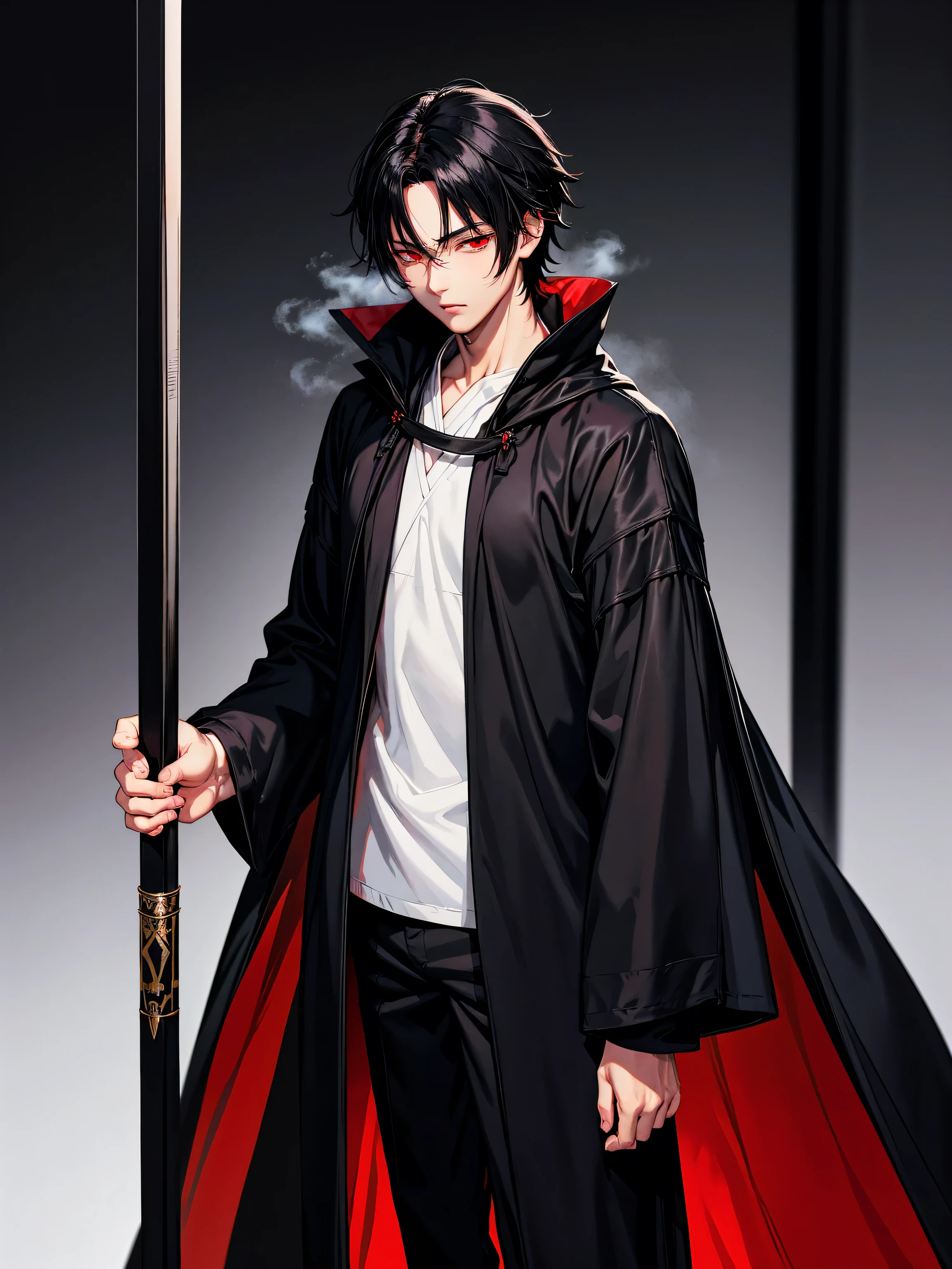 (Name: Leito Hyuga a 17 Year Old Boy), No Expression Face Handsome, Assasin Robe Outfit, Detailed Perfect Red Eyes Color, Long Black Haired