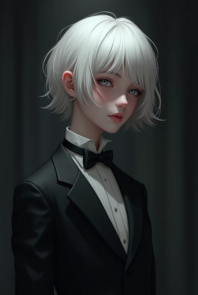 shy white haired 19 yo butler black background