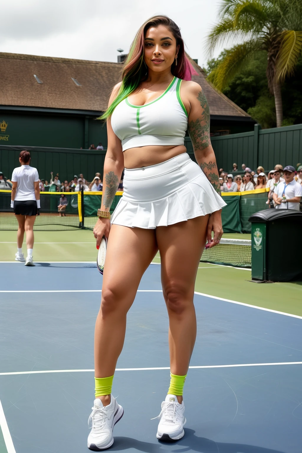 Full body photo of 50YO MATURE MILF AISHWARYA RAI as SEXY TENNIS STAR, ((COMPLETE WHITE MICRO MINI SKIRT AND SHORT TOP EXPOSING BELLY NAVEL)), ((FLIRTATIOUS MOCKING SMILE)), ((ponytail GREEN COLOURED hair with FULL TATTOOED HANDS, LEGS)), ((WALKING IN WIMBLEDON CENTRE COURT)), day scene, ((curvaceous mature hourglass figure)), soft volumetric lights, intricate details, (ArtStation:1.2)