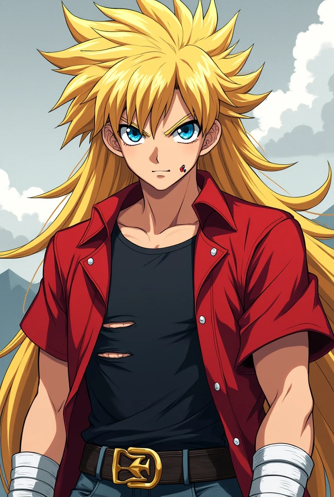 Create a male anime character with a look that evokes the strength of a Saiyan warrior. Imagine a young man with blond hair, thick and a little long, reaching the shoulders. The cut is similar to Seiya's from Knights of the Zodiac, with bangs covering the forehead. His eyes are an intense and penetrating blue. As for the clothes, he wears a red long sleeved shirt, with a hood that adds a mysterious air. About the red shirt, a black short-sleeved t-shirt contrasts and gives a casual touch. on the forearm, white bands form a wristband that covers the palm of the hand and the forearm, leaving only the fingers exposed. To end, gray pants complete the look, giving an air of practicality to the character. in the face, an important detail: a small scar, Ok sign is almost perfect but the red shirt is not a coat and a blouse with the fabric in apple red a vibrant red The hair Was better news Make it more like the supper of Knights of the Zodiac Cross but blonde Now take off the marry with red leaving only the black shirt ripped as if it were coming out of a battle
