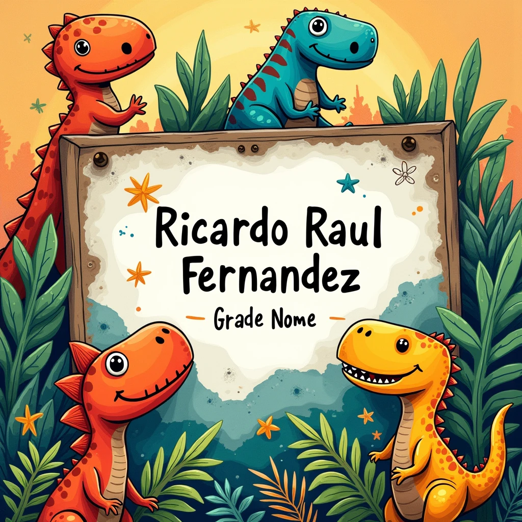 A dinosaur-themed school label. Containing the following information Name: Ricardo Raul Fernandez Grade: 1st grade