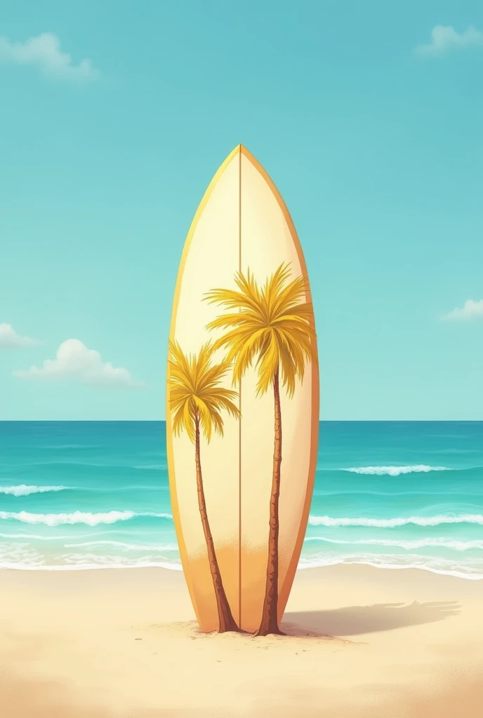 Surf board stand on the beach with yellow pastel colors and some palm trees painted on the board. Painting style.