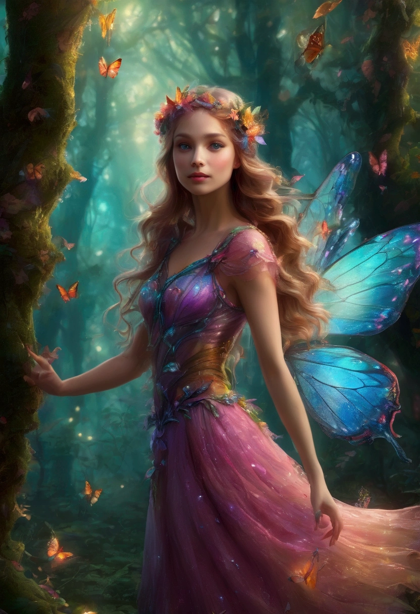a colorful fantasy forest with a little fairy flying, detailed fairy with butterfly wings, fairy in a magical forest, glowing fairy in a woodland scene, detailed fairy with long hair and a flowing dress, fairy surrounded by glowing mushrooms and flowers, fantasy forest with sunbeams shining through the trees, highly detailed fairy flying through a colorful forest landscape, magical forest scene with a whimsical fairy, a fairy in a fantastical forest full of vibrant colors, (best quality,4k,8k,highres,masterpiece:1.2),ultra-detailed,(realistic,photorealistic,photo-realistic:1.37),fantasy,illustration,digital art,cinematic lighting,warm color tones,vibrant colors