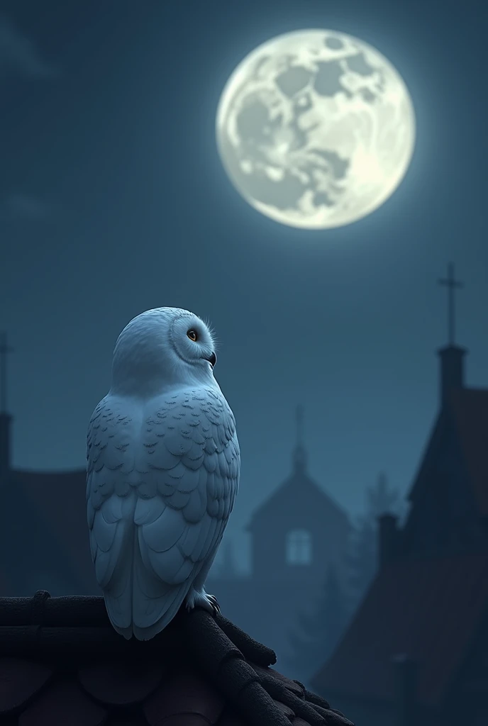 A white owl looking up at the full moon in the town It's looking away It's not looking this way It's turning its back