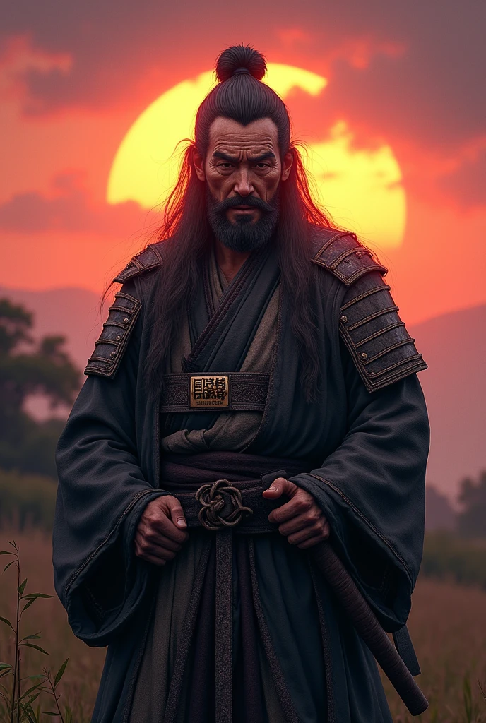 Pickle man, wise face, samurai costume, realist, sunset, musashi.