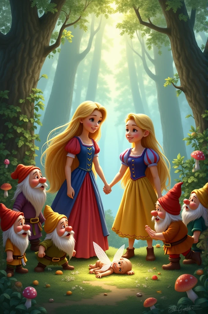 Create an image of Rapunzel Snow White and the Seven Dwarfs finds an injured fairy