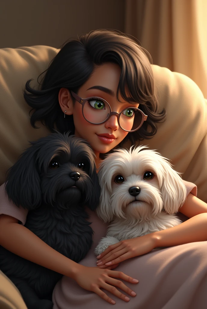 Me and my 2 Lhasa dogs, one black and the other gray, lying on an open light brown sofa, dark skin, I wear light glasses and I have green eyes