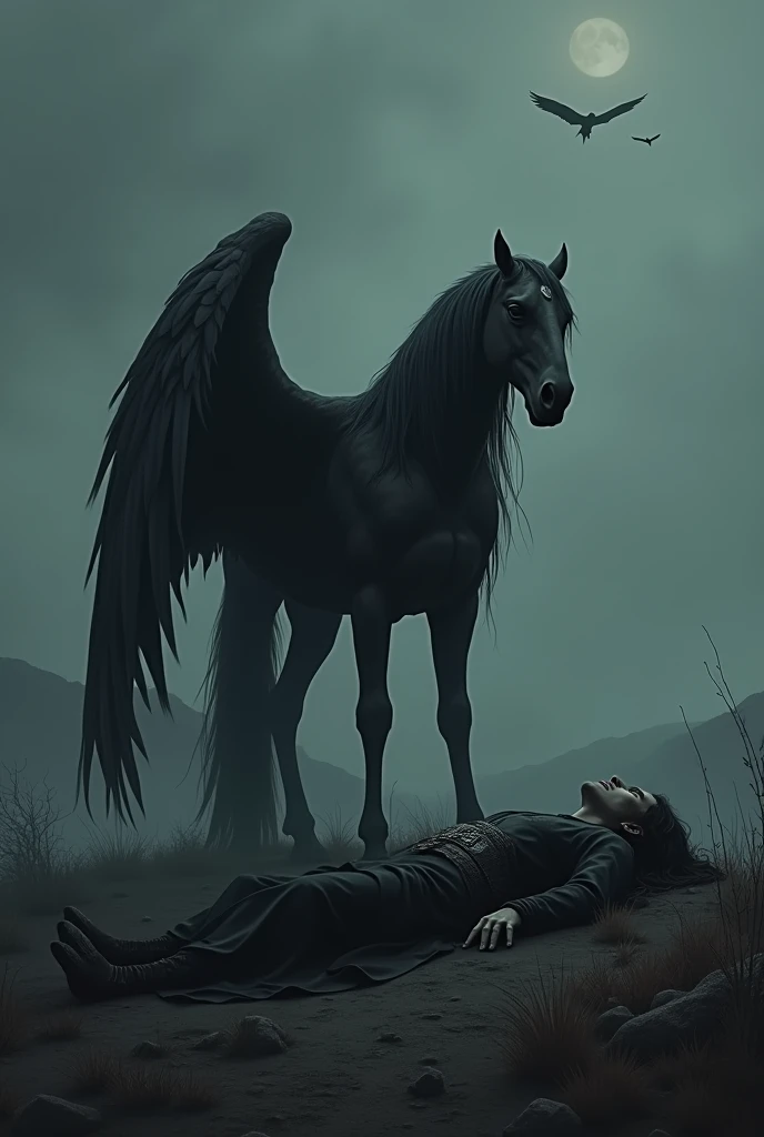 Dead long haired thin man. A hippogriff sad for his dead master