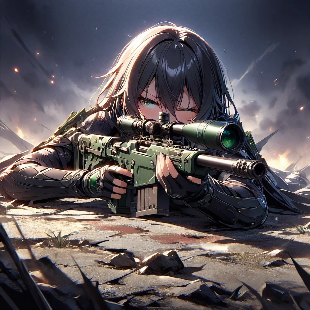 A girl sniping at an empty can、