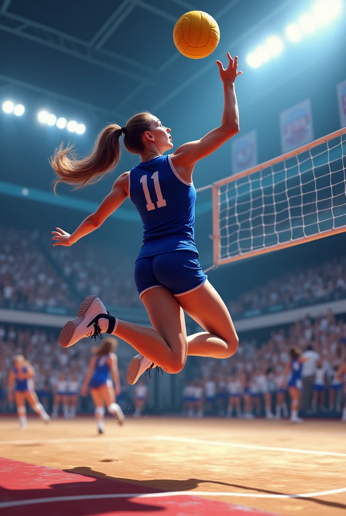 a female volleyball player attacking a yellow ball in a blue uniform during a game.
