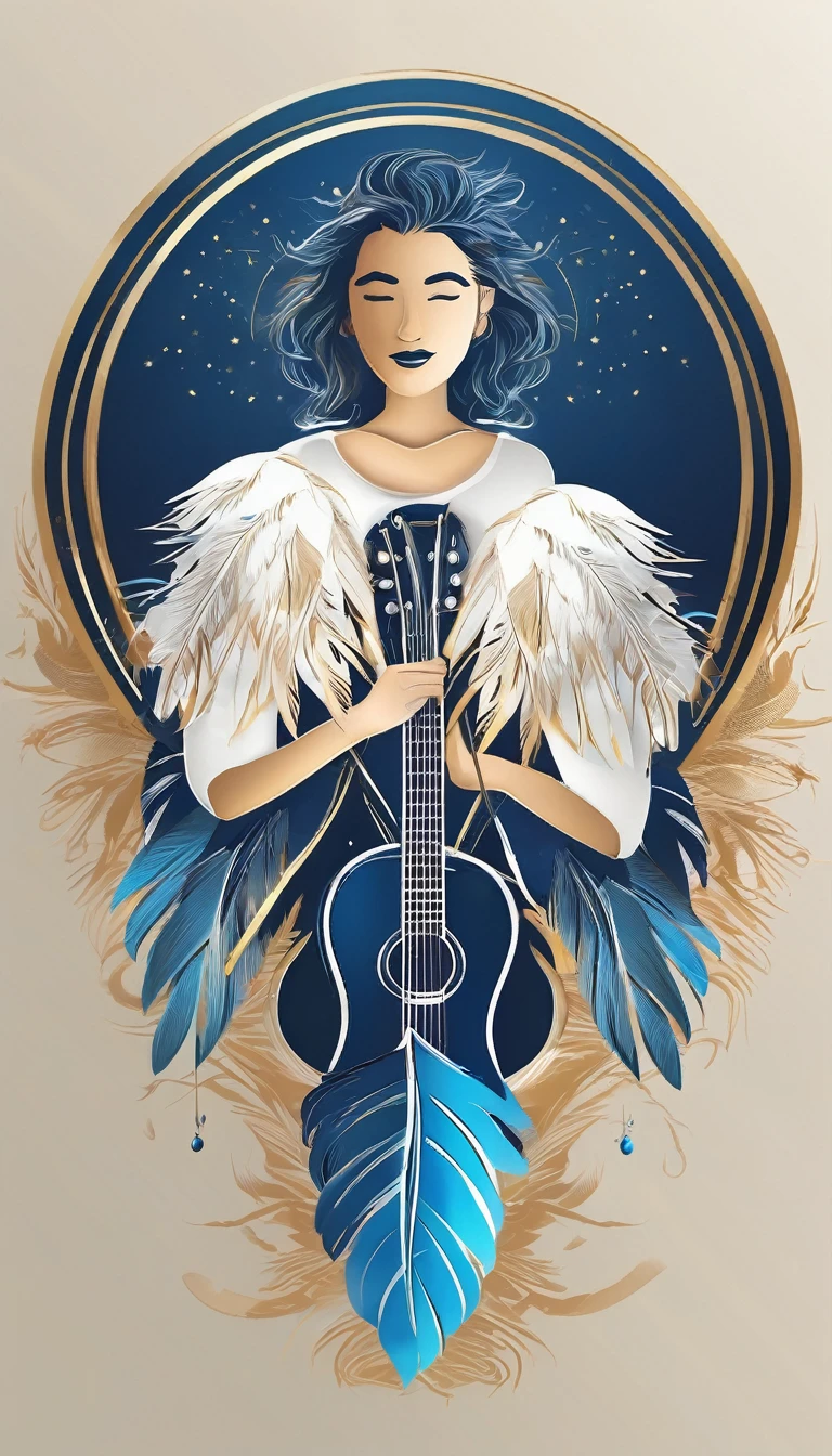 Create a cinematic, abstract symbol for a storytelling production brand based on stories and dreams called " Penamemoria". The logo should convey a fantasy theme and include the company of a boy and a feather. Fantastic, memorable, poetic, dreamy, sitting against a tree and playing guitar to a fantastic, unique, poetic white-blue-golden feather.
