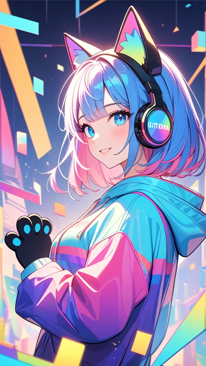 masterpiece,bestquality,superwideangle,fingeraudience,1girl,cat paws gloves, cat headphones,hoodie,pinkandbluehair,hand,cuteanimeface,masterpiece,transparentcolorPVCclothing,transparentcolorvinylclothing,halfbody,glitchlump}onface,smile,mediumhair,filmgrain,lens_flare,colorful,chromaticaberration,dynamicpov,closedmouth,Intenseemotionalexpression:death,glitchart,ultra-detailed,extremelydelicateandbeautiful,albumcover,album,albumdescription,Pixilationonface,Doubleexposure,ChromaticAberration,Lightleaks,Noiseandgrain,Colordegradation,Glitchlettering,art,abstractart,geometry,clearlines,squares,bright,limitedpalette,{canonicalcomposition},neatdiagonalstripedbackground,{{bluewithwhitestripedbackground}},{limitedpalette},flatcolored,blueandwhite,