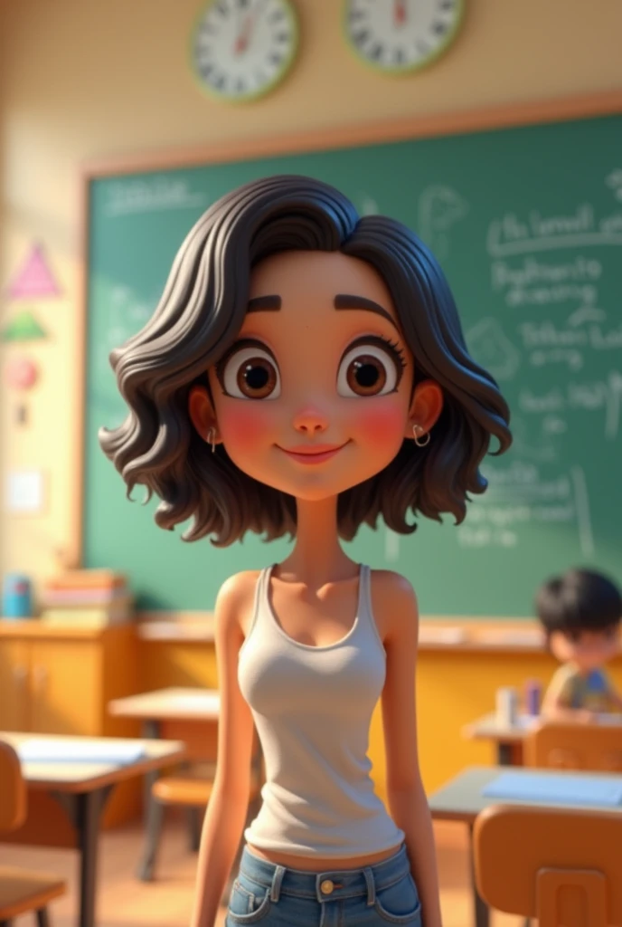 create a 3D/cartoon image from the front, of a 29 year old woman, wavy bob hair, dark eyes, at school