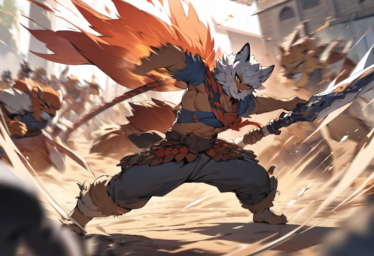top quality, high-quality illustrations((masterpiece))depth of field, motion blur, absurdres, Perfect Anatomy, magnificent picture of kemono fighting fierce battles, kemono, 1boy, solo focus, Anthro((dramatic))epic, weapon, dynamic pose, One scene of movie,