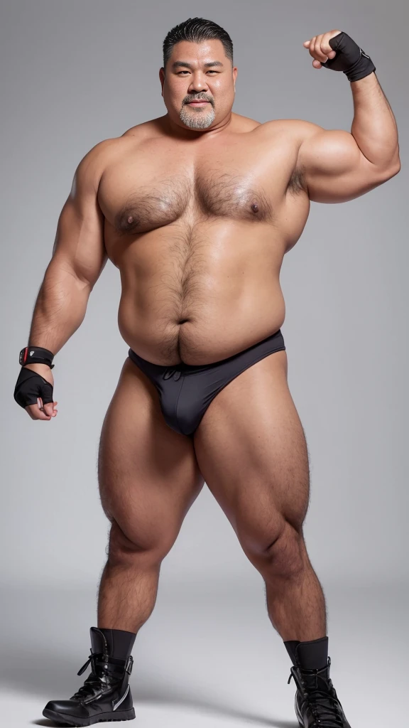 black hair, middle-aged man, individual, male, Muscular wrestler, muscular, Stout wrestler, Asian, Japanese, uncle, 55 year old middle-aged man, short hair, short hair, red wrestling boots, full body portrait, shadow, Vision, red briefs, obesity, 45 years old, short beard, middle-aged man, tattoo, fingerless gloves, Wheat skin, shiny skin, dark skin, Show your pectoral muscles, sumo wrestler, bodybuilder, wide temples, Visible abdominal muscles, Smile, Fine hands, solid color background, pure white background, Surrealism, Panorama, 8k, super detail,